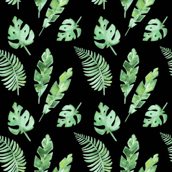 Seamless Pattern Tropical Leaves Isolated Black Background — Stock Photo, Image