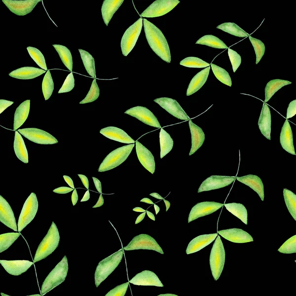 Seamless Watercolor Pattern Green Leaves Isolated Black Background — Stock Photo, Image