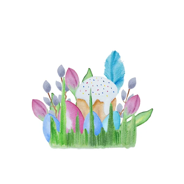 Watercolor Hand Drawn Easter Cars Eggs Tulip Easter Cake Grass — Stock Photo, Image