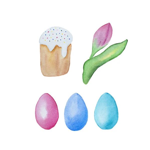 Yumurta Lale Paskalya Pastası Çim Ile Suluboya Çizilmiş Paskalya Arabaları — Stok fotoğraf