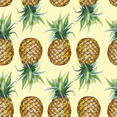 El çekilmiş seamless suluboya modeli üzerinde sarı arka plan izole ananas ile