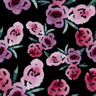 Pembe çiçekli siyah arka plan üzerine izole suluboya desen