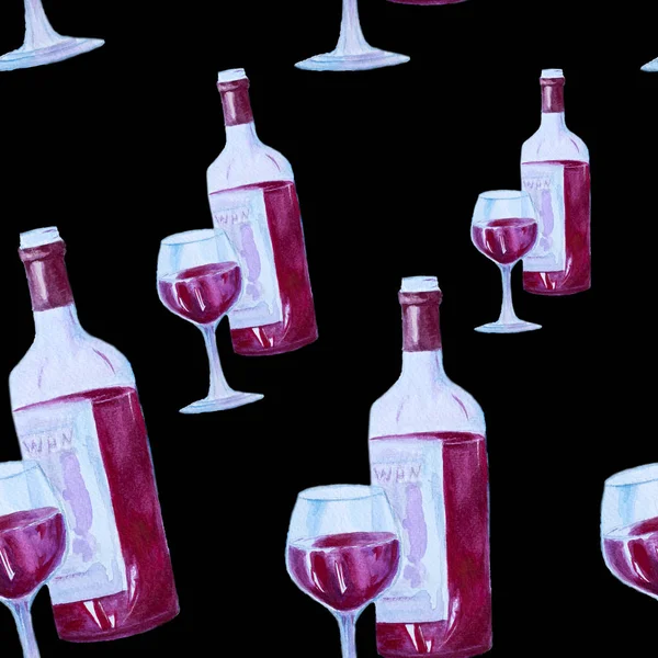 Watercolor seamless pattern with red wine isolated on white background