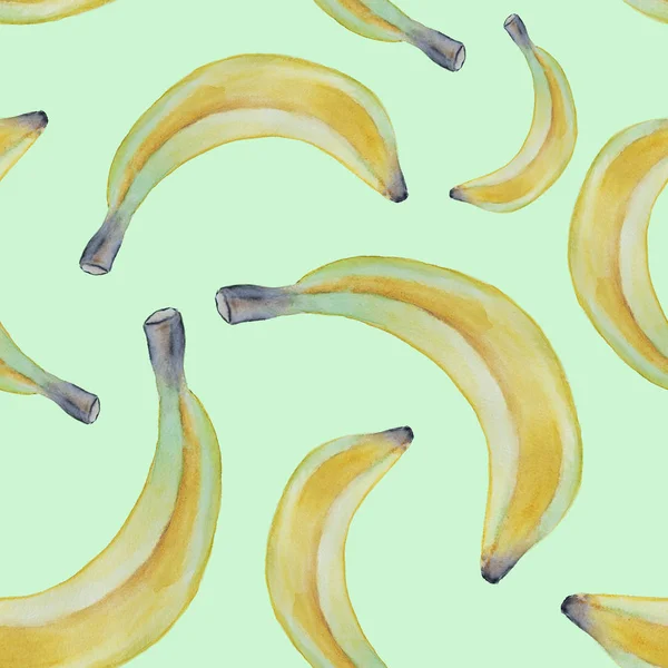 Seamless Watercolor Banana Pattern Isolated Green Background — Stock Photo, Image