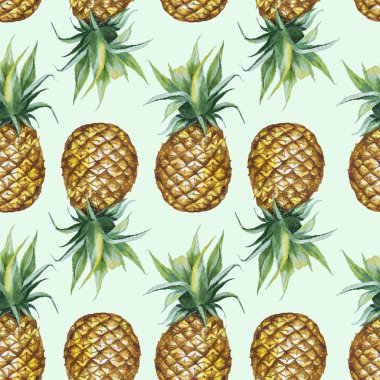 Elle çizilmiş Dikişsiz suluboya desen üzerinde yeşil arka plan izole ananas ile
