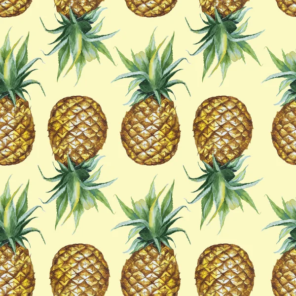 Hand Getekende Naadloze Aquarel Patroon Met Ananas Geïsoleerd Gele Achtergrond — Stockfoto