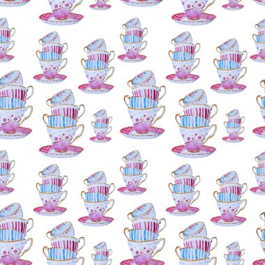 Suluboya elle çizilmiş çay bardak beyaz arka plan üzerinde izole