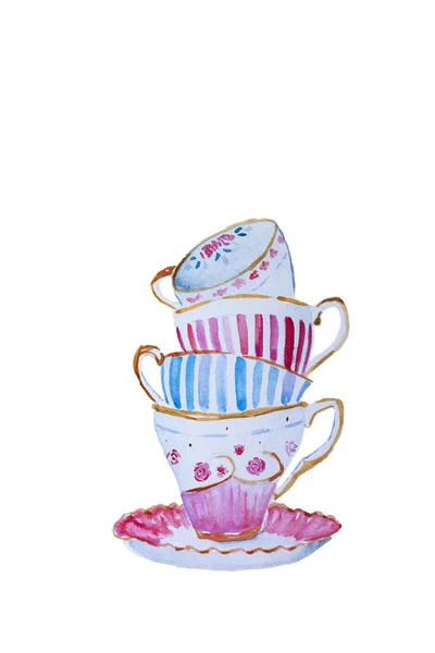 Watercolor Hand Drawn Tea Cups Isolated White Background — Stock Photo, Image