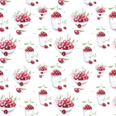 Kiraz izole üzerinde beyaz baclground suluboya seamless modeli el ile çizilmiş