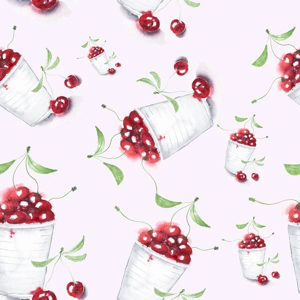 Seamless Watercolor Pattern Hand Drawn Cherry Isolated Pink Baclground — Stock Photo, Image