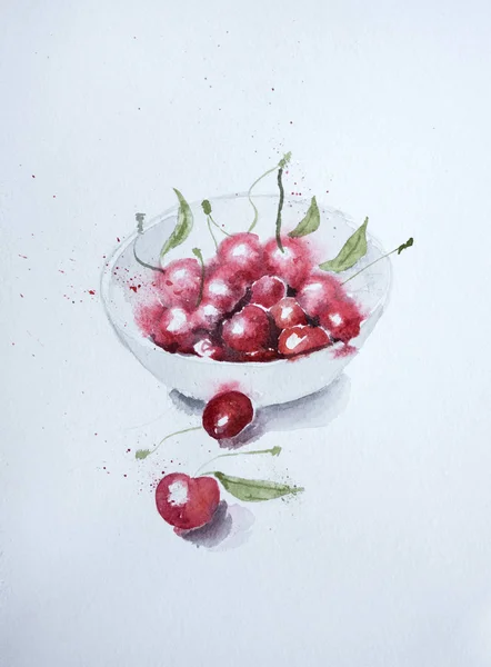 Handgjorda Akvarell Cherry Med Gröna Blad Icke Isolerade Måleri — Stockfoto