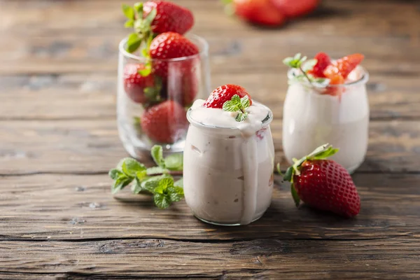 Healthy Yougurt Stawberry Mint Wooden Table Selective Focus — Stock Photo, Image