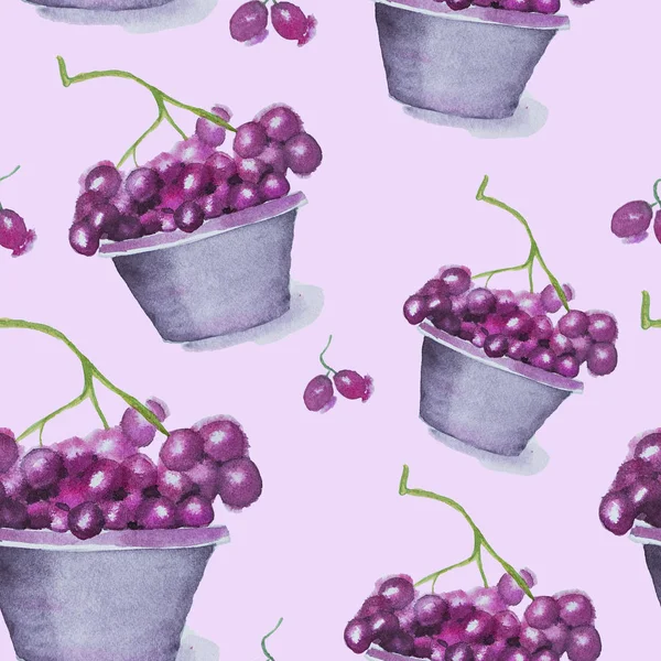 Hand drawn watercolor seamless pattern with red grape isolated on pink background