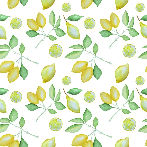 白い背景に分離された水彩手描きレモン パターン — ストック写真