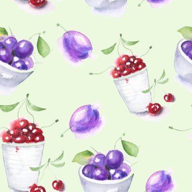 Suluboya elle çizilmiş kiraz ve Erik yeşil arka plan üzerinde izole