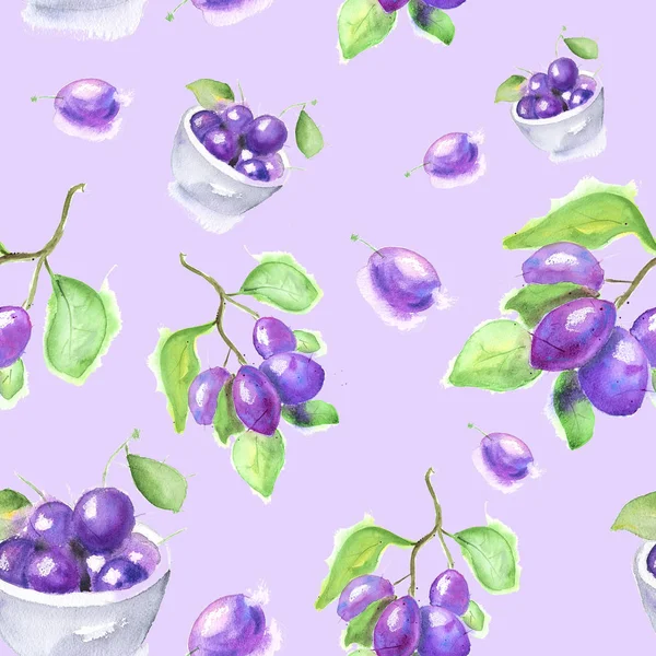 Watercolor Seamless Pattern Plums Isolated Pink Background — Stock Photo, Image