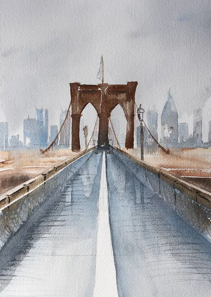 Manhattan Brooklyn Bridge Aquarela Pintura Desenhada Mão — Fotografia de Stock