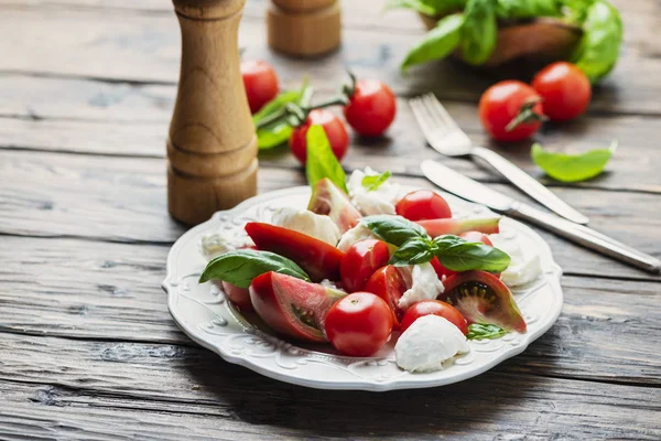 Ensalada Italia caprese con tomate, albahaca y mozzarella — Foto de Stock