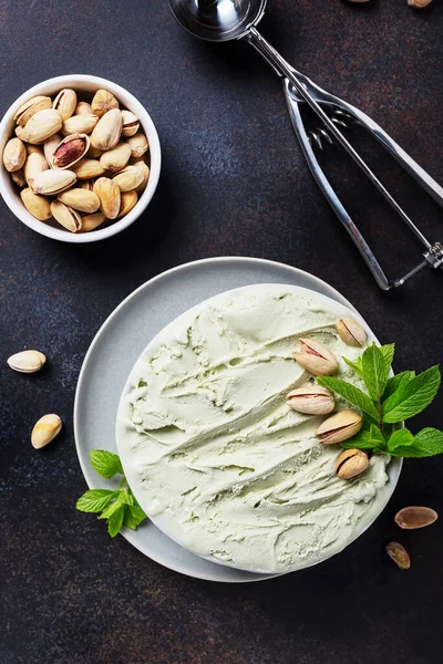 Homemade Ice Cream Pistachio Mint Ceramic Bowl Top View Image — Stock Photo, Image