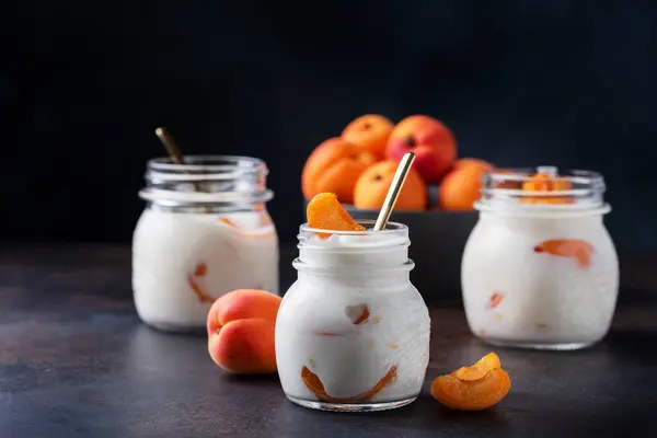 Sweet Healthy Yogurt Apricots Dark Table Selective Focus Image — Stock Photo, Image