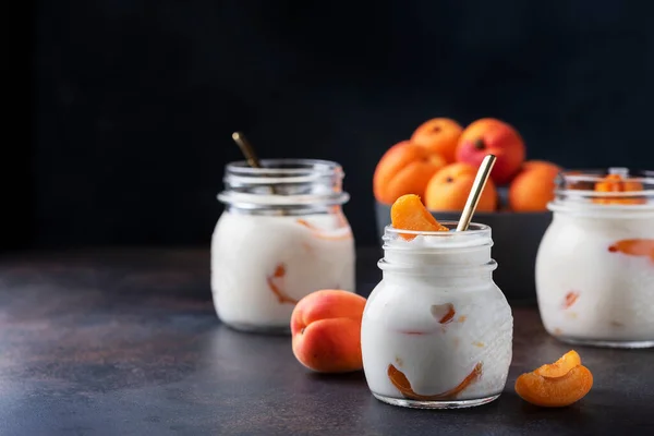 Sweet Healthy Yogurt Apricots Dark Table Selective Focus Image — Stock Photo, Image