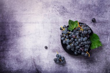 Koyu arkaplanda yeşil yapraklı siyah bir üzümün yukarıdan aşağı görünümü, metin için alanı kopyala