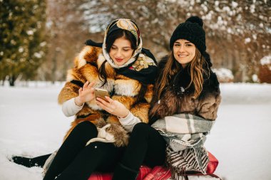 İki zarif ve muhteşem kız şık kürk mantolarla kış parkında yürüyorlar.