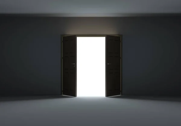 Doors opening to show bright light in the darkness