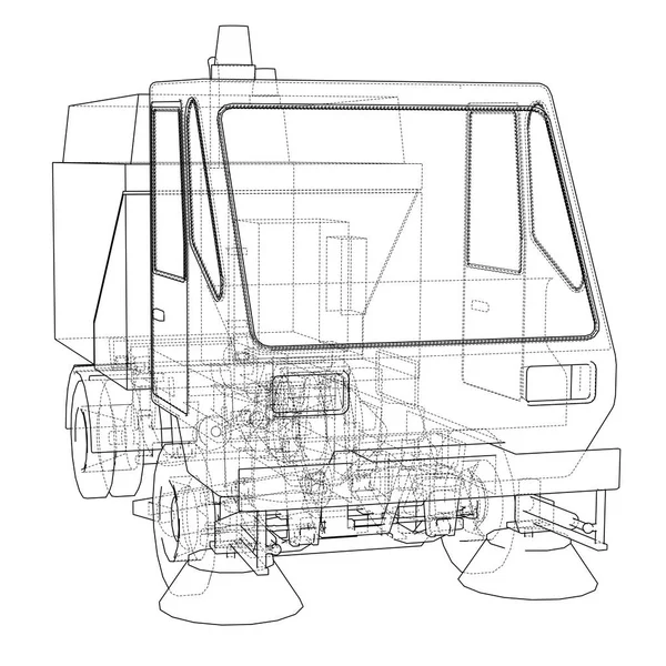 Small Street Clean Truck Concept. 3d illustration. Wire-frame style