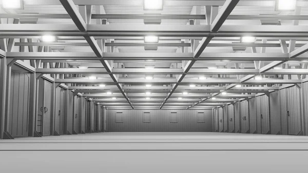 Empty commercial warehouse with bright lamps