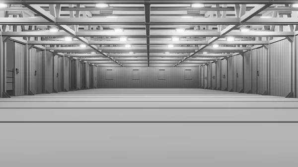 Empty commercial warehouse with bright lamps