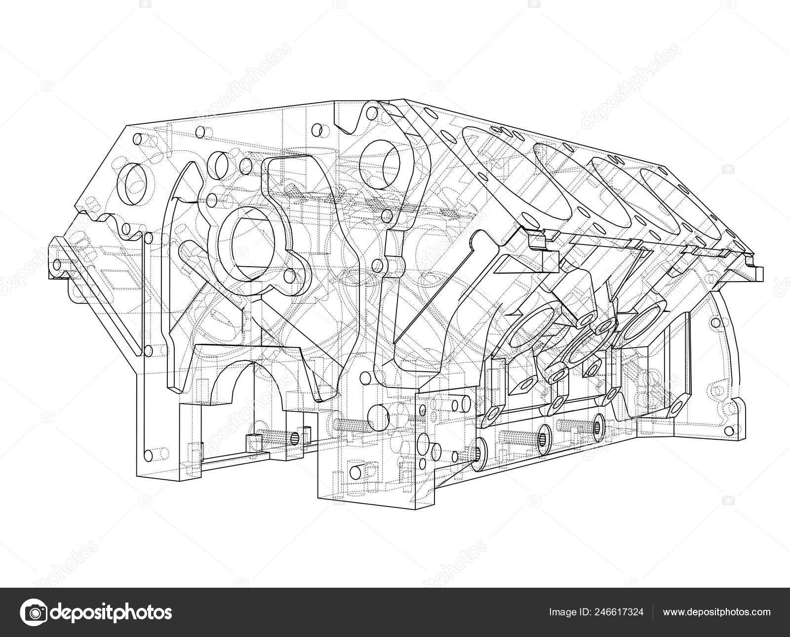 Engine Block Sketch Vector Rendering Of 3d Stock Vector