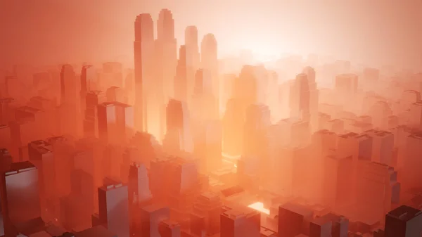 City in red fog. Air pollution or military action