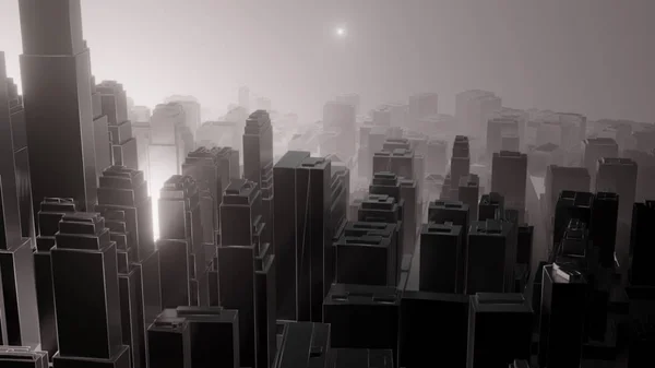 City in fog. Air pollution