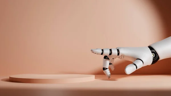 Robotic hand points to empty podium or stand. Pastel background