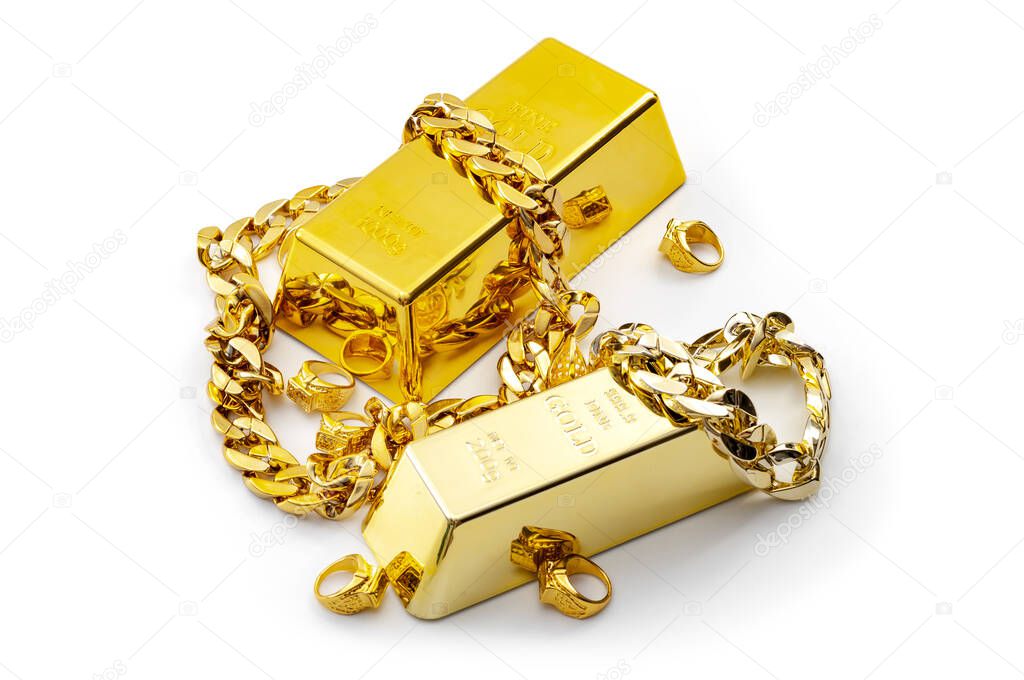 Jewelry buyer, pawn shop and buy and sell precious metals concept theme with a pile of golden rings, necklace bracelet and gold bullion isolated on white background
