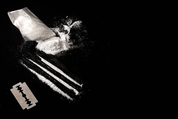 Drug Addiction Substance Abuse Concept Theme Lines Cocaine Small Bag — Stock Photo, Image