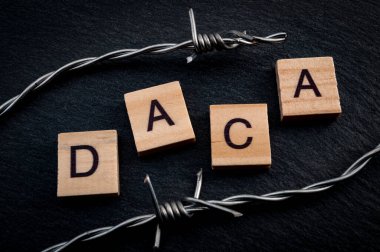 Deferred action for child arrivals concept with barb wire next to letters that spell the acronym DACA. DACA is a piece of legislation that protects immigrants that were brought to the USA as children clipart