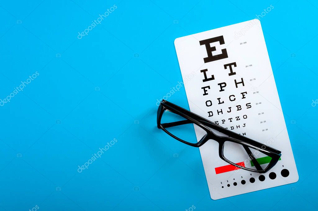 Ophthalmological exam, healthy eyes and ophthalmology concept with a pair of vision glasses and an eye chart isolated on blue background with copy space