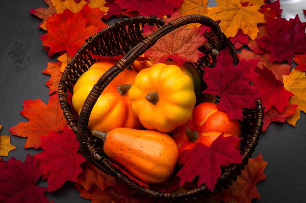 Autumn harvest festivity, Thanksgiving feast and  fall festival concept with pumpkins and squash in a wicker basket on fallen orange and yellow leaves