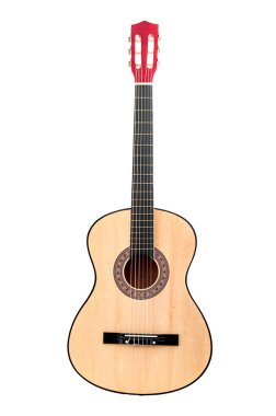 Müzik enstrümanları, sanatsal hobiler ve müzik konsepti temalı klasik akustik gitar klipsli arka planda izole edilmiş.