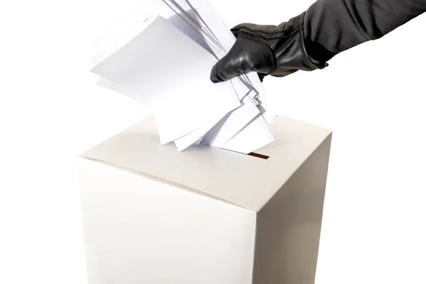 Seçim Sahtekarlığı Hacklenmiş Seçim Konsepti Deri Eldiven Takan Beyaz Arka — Stok fotoğraf