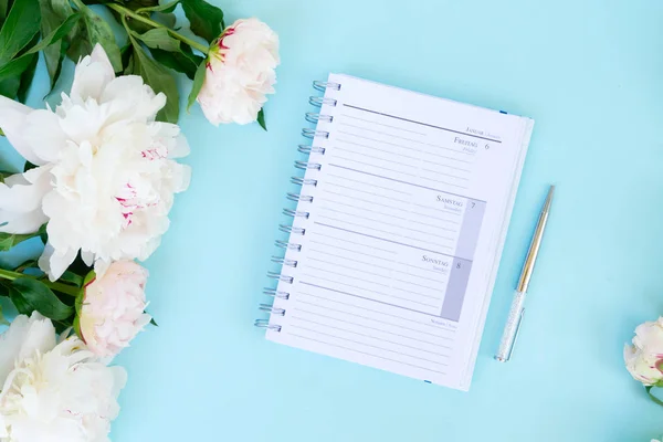 Flat lay home office workspace on blue — Stock Photo, Image