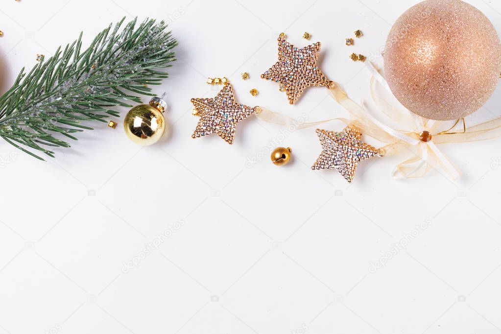 Christmas flat lay scene with golden decorations
