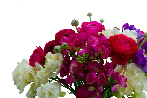 Freeseia Düğünçiçeği Taze Çiçekler Buket Yakın Çekim Beyaz Arka Plan — Stok fotoğraf