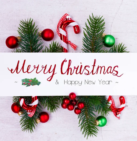 Evergreen Twigs Red Green Decorations Flat Lay Layout Merry Christmas — Stock Photo, Image