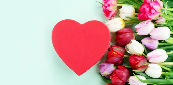 Fresh tulips flowers with heart — Stock Photo, Image