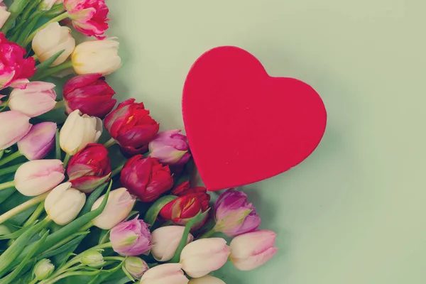 Τουλίπες φρέσκα λουλούδια με καρδιά — Φωτογραφία Αρχείου