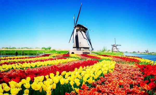 Moinho de vento holandês sobre águas fluviais — Fotografia de Stock
