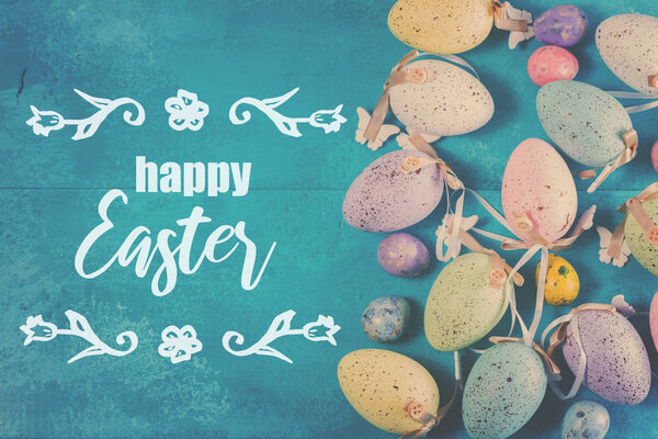 Easter eggs on bright blue background